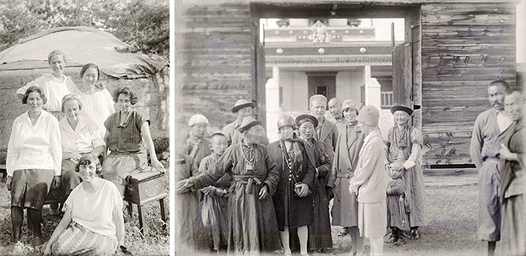 Слева – Среди участников советско-германской экспедиции 1928 г. в Бурятию находилась сотрудник Музея антропологии и этнографии АН СССР К. В. Вяткина (слева, в первом ряду). Этнограф и монголовед, она выросла в Монголии. Закончив в 1918 г. высшие Бестужевские курсы, в 1922 г. по приглашению академика С. Ф. Ольденбурга она пришла работать в КИПС. Справа – участники экспедиции у дацана. МАЭ РАН (Санкт-Петербург) Слева – Среди участников советско-германской экспедиции 1928 г. в Бурятию находилась сотрудник Музея антропологии и этнографии АН СССР К. В. Вяткина (слева, в первом ряду). Этнограф и монголовед, она выросла в Монголии. Закончив в 1918 г. высшие Бестужевские курсы, в 1922 г. по приглашению академика С. Ф. Ольденбурга она пришла работать в КИПС. Справа – участники экспедиции у дацана. МАЭ РАН (Санкт-Петербург)