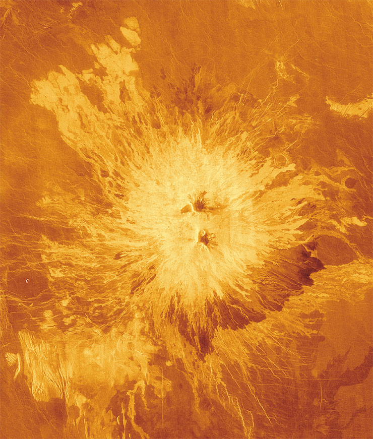 Magmatic structures on the surface of Venus: (a) shield plains with small volcanoes of a characteristic shape; (b) radial dikes; (c) the unusual volcano Sapas Mons with a double summit. Credit: NASA/JPL Magmatic structures on the surface of Venus: (a) shield plains with small volcanoes of a characteristic shape; (b) radial dikes; (c) the unusual volcano Sapas Mons with a double summit. Credit: NASA/JPL