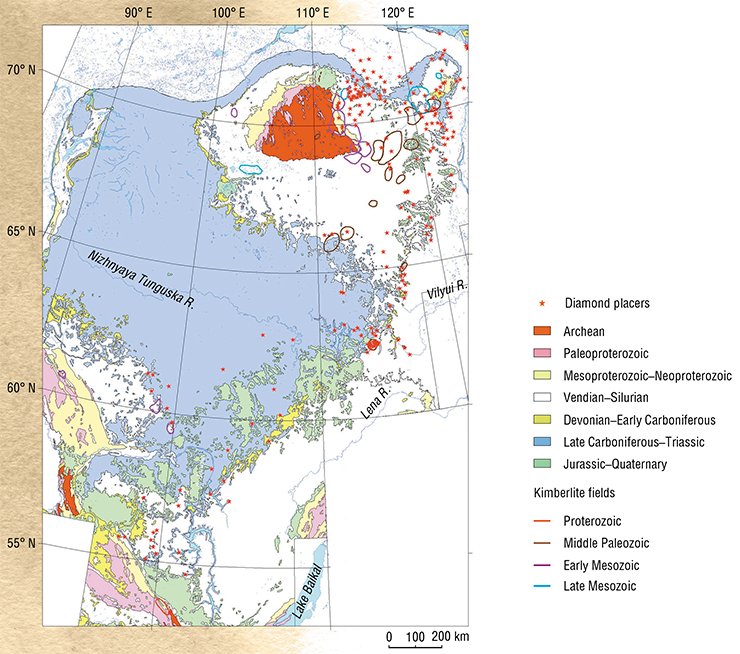 The map of diamond placers found on the Siberian Craton was compiled by using the database of ALROSA Company, made with the participation of researches of the Sobolev Institute of Geology and Mineralogy, Novosibirsk