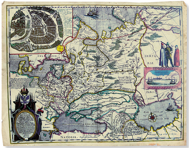 Map of Russia by the Dutch cartographer Hessel Gerritsz, dedicated to Tsar Fyodor Mikhailovich, which was first published in 1614 as a separate sheet. The map was printed in Amsterdam in Willem Blaeu’s workshop. Adapted from: (Atlas – Obras anteriores, 1800). © CC BY 2.0/ Fondo Antiguo de la Biblioteca de la Universidad de Sevilla Map of Russia by the Dutch cartographer Hessel Gerritsz, dedicated to Tsar Fyodor Mikhailovich, which was first published in 1614 as a separate sheet. The map was printed in Amsterdam in Willem Blaeu’s workshop. Adapted from: (Atlas – Obras anteriores, 1800). © CC BY 2.0/ Fondo Antiguo de la Biblioteca de la Universidad de Sevilla