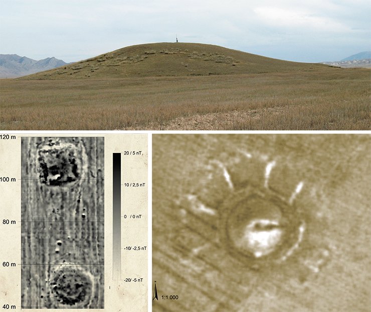 The satellite image of kurgan 2 on the Kegen plateau (Southeastern Land of Seven Rivers, Kazakhstan) revealed five “rays” extending north and west from the kurgan; they appeared to be the remnants of the building ramps leading to the foot of the mound. SPOT satellite image (2.5 m resolution). Left: Magnetogram of kurgans 8 (from above) and 9 (from below) at the Žoan Tobe burial grounds, 2008. Magnetic prospecting done by J. Fassbinder and T. Gorka. Despite the deformation of the original form of the mounds the differences are obvious: kurgan 8 has a sub-square form while kurgan 9 has a round shape typical of Scythian-Saka mounds The satellite image of kurgan 2 on the Kegen plateau (Southeastern Land of Seven Rivers, Kazakhstan) revealed five “rays” extending north and west from the kurgan; they appeared to be the remnants of the building ramps leading to the foot of the mound. SPOT satellite image (2.5 m resolution). Left: Magnetogram of kurgans 8 (from above) and 9 (from below) at the Žoan Tobe burial grounds, 2008. Magnetic prospecting done by J. Fassbinder and T. Gorka. Despite the deformation of the original form of the mounds the differences are obvious: kurgan 8 has a sub-square form while kurgan 9 has a round shape typical of Scythian-Saka mounds