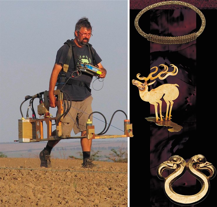 Left: Jörg Fassbinder performs magnetic prospecting. On right: Golden objects from the Arzhan-2 kurgan (Tuva) Left: Jörg Fassbinder performs magnetic prospecting. On right: Golden objects from the Arzhan-2 kurgan (Tuva)