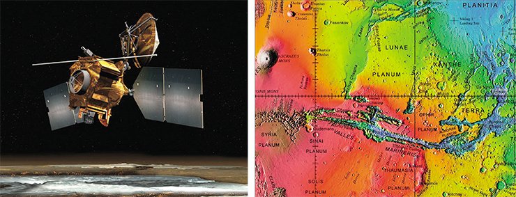Межпланетная станция Mars Reconnaissance Orbiter (слева). Фрагмент физической карты Марса (NASA / JPL-Caltech / Arizona State University) Межпланетная станция Mars Reconnaissance Orbiter (слева). Фрагмент физической карты Марса (NASA / JPL-Caltech / Arizona State University)
