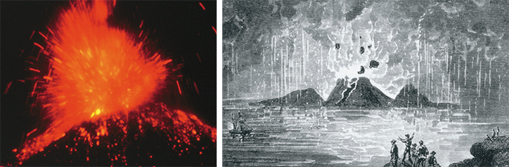 Left: Mexico’s juvenile composite Paricutin volcano burst to life in the corn field in 1943. In ten years, the volcano grew to have a 410 m cone and profuse lava blankets at its foundation. Photo by R. Willcox (U.S. Geological Survey, 1944). Right: the ancient print shows the eruption of Nea Kameni volcano on Santorini Island in the Aegan Sea in 1866. You can see a caldera sunk in the water. The most catastrophic eruption on the island took place in 1650 B.C., causing the destruction of the Minoan civilization and the creation of a legend about the demise of Atlantis. Photo by P. Hedervari (National Geophysical Data Centre) Left: Mexico’s juvenile composite Paricutin volcano burst to life in the corn field in 1943. In ten years, the volcano grew to have a 410 m cone and profuse lava blankets at its foundation. Photo by R. Willcox (U.S. Geological Survey, 1944). Right: the ancient print shows the eruption of Nea Kameni volcano on Santorini Island in the Aegan Sea in 1866. You can see a caldera sunk in the water. The most catastrophic eruption on the island took place in 1650 B.C., causing the destruction of the Minoan civilization and the creation of a legend about the demise of Atlantis. Photo by P. Hedervari (National Geophysical Data Centre)