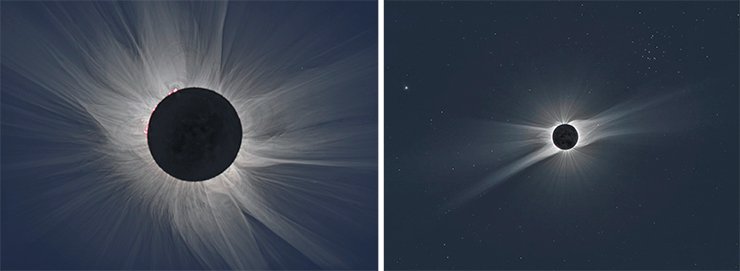 Слева: солнечная корона во время затмения 2015 г. © M. Druckmüller et al., 2015 Слева: солнечная корона во время затмения 2015 г. © M. Druckmüller et al., 2015
