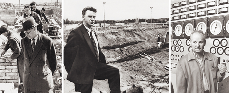 Academician М. А. Lavrentiev (1957–1975) (photo on the left), a founding father and first Chairman of the Siberian Branch, USSR Academy of Sciences, at the construction site of the Institute of Hydrodynamics, Novosibirsk Academgorodok. Academicians S. A. Christianovich (photo on the right), S. L. Sobolev (photo in the center) and М. А. Lavrentiev put forward the idea of setting up large research centers of the USSR AS in the east of the country
