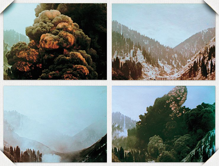 Successive stages in the development of the explosion on the right bank. Images taken from the downstream wall of the dam (from the Medeo rink). On right: View of the gorge before the explosion and eight seconds after the explosion. Left: Cloud of glowing gas and dust 30 seconds after the explosion and a view of the gorge 2 minutes after the explosion. Photos taken by the expedition organized by the Institute of Physics of the Earth, USSR Academy of Sciences Successive stages in the development of the explosion on the right bank. Images taken from the downstream wall of the dam (from the Medeo rink). On right: View of the gorge before the explosion and eight seconds after the explosion. Left: Cloud of glowing gas and dust 30 seconds after the explosion and a view of the gorge 2 minutes after the explosion. Photos taken by the expedition organized by the Institute of Physics of the Earth, USSR Academy of Sciences