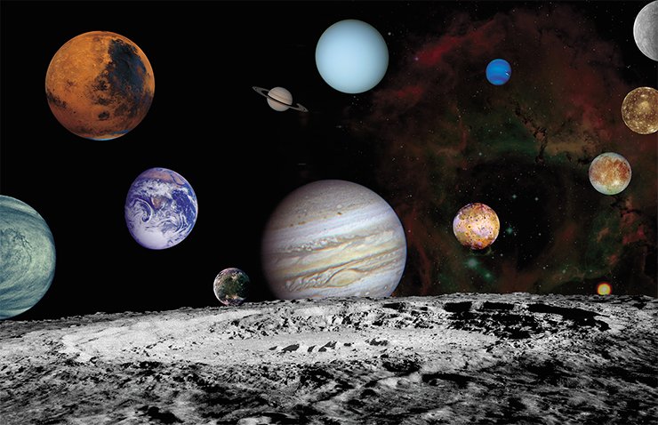 An assemblage of images showing the planets of the Solar System and the four satellites of Jupiter; the images were made by the US Voyager spacecraft. Credit: NASA An assemblage of images showing the planets of the Solar System and the four satellites of Jupiter; the images were made by the US Voyager spacecraft. Credit: NASA