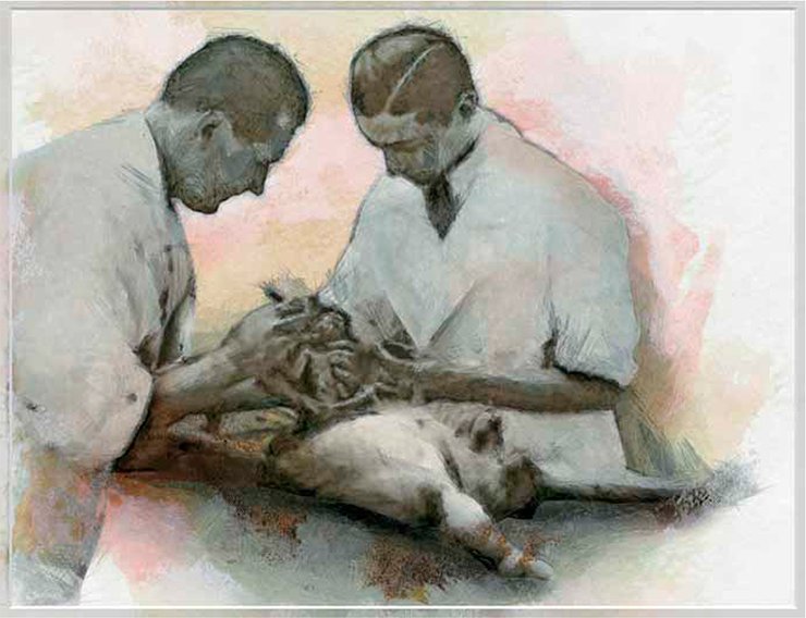Young Serge Voronoff with an assistant during a surgery. Photo from Studio Mariani