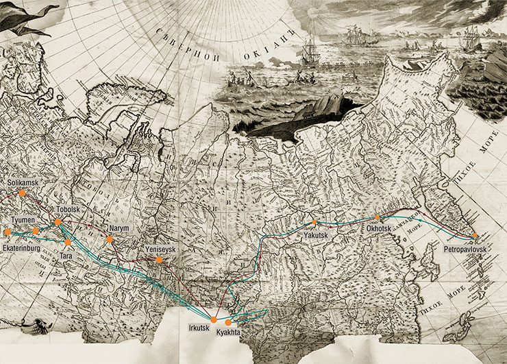 Fragment of the General Map of the Russian Empire of 1745, which shows G. W. Steller’s route during his travels in Siberia. On the way back to St. Petersburg, Steller had to return from Tobolsk back to Irkutsk because of a denunciation, and then again return by the same route to St. Petersburg. But this time he got only as far as Tyumen, where he passed away Fragment of the General Map of the Russian Empire of 1745, which shows G. W. Steller’s route during his travels in Siberia. On the way back to St. Petersburg, Steller had to return from Tobolsk back to Irkutsk because of a denunciation, and then again return by the same route to St. Petersburg. But this time he got only as far as Tyumen, where he passed away