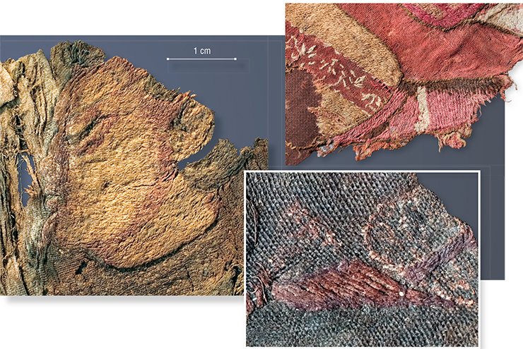 The dragons’ master. A fragment of embroidery on silk. A detail of the embroidery of a leg in wide trousers and soft shoes on a wool curtain (at the top) and on silk material (at the bottom). Noin Ula mound 20