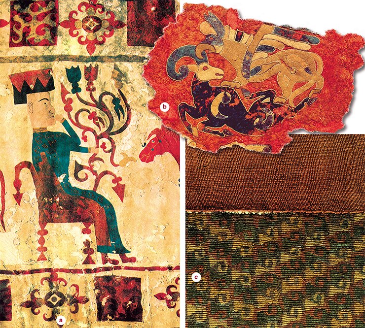 а — fragment of a felt carpet (Fifth Pazyryk Burial Mound); b — applique on a felt carpet for the saddle (Second Pazyryk Burial Mound); c — fragment of a woolen skirt (Second Pazyryk Burial Mound). State Hermitage. Excavations by S. Rudenko а — fragment of a felt carpet (Fifth Pazyryk Burial Mound); b — applique on a felt carpet for the saddle (Second Pazyryk Burial Mound); c — fragment of a woolen skirt (Second Pazyryk Burial Mound). State Hermitage. Excavations by S. Rudenko