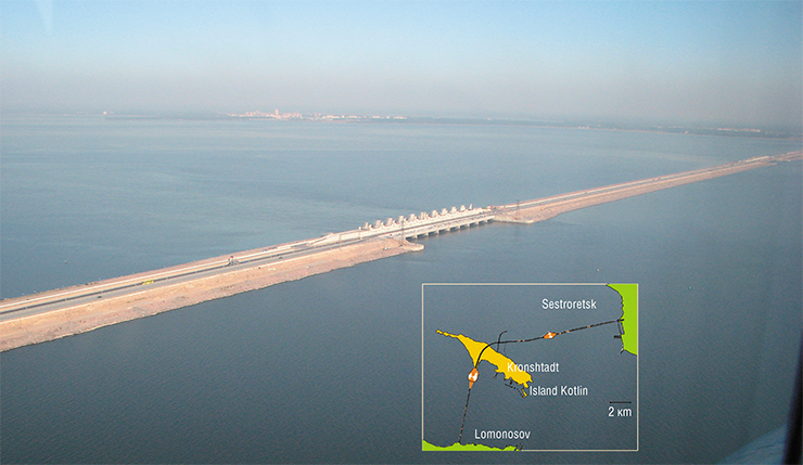 To protect Saint-Petersburg from floods, a 25-kilometer dam with a circular highway was built across the Gulf of Finland. The dam has a complex of locks to control the water flow and let sea vessels pass through To protect Saint-Petersburg from floods, a 25-kilometer dam with a circular highway was built across the Gulf of Finland. The dam has a complex of locks to control the water flow and let sea vessels pass through