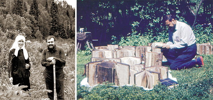 On an expedition along the Uba River (Rudny Altai) (left). Next to Pokrovsky is Mother Melanya. 1970. Drying the books from Father Pallady’s collection (right). In the spring, the stream overflowed; the gorge became damp, and so did the books. Nikolai Pokrovsky managed to persuade the owner of the collection to take advantage of their presence and carry out the drying of his entire library On an expedition along the Uba River (Rudny Altai) (left). Next to Pokrovsky is Mother Melanya. 1970. Drying the books from Father Pallady’s collection (right). In the spring, the stream overflowed; the gorge became damp, and so did the books. Nikolai Pokrovsky managed to persuade the owner of the collection to take advantage of their presence and carry out the drying of his entire library
