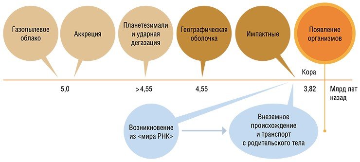 Этапы ранней истории Земли до появления жизни (Заварзин, 2010). Живые организмы могли возникнуть на Земле самостоятельно либо иметь внеземное происхождение
