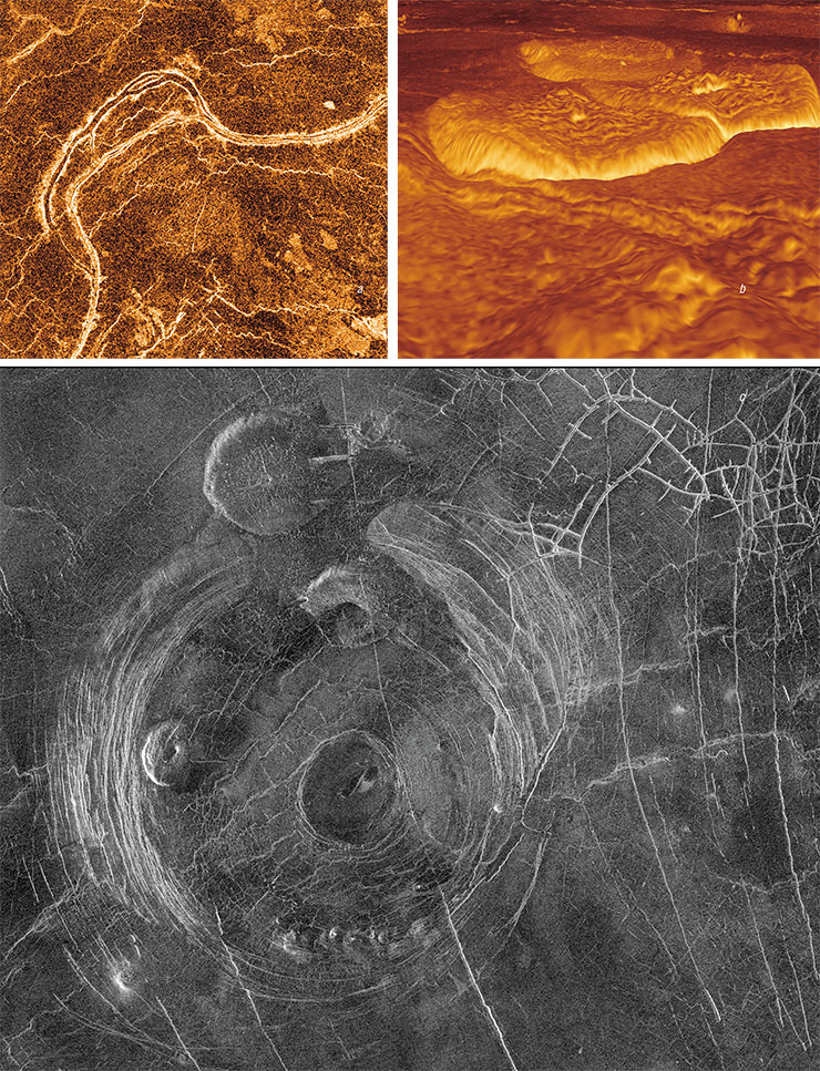 Various magmatic structures on the surface of Venus: (a) winding lava channels with a width of 1–2 km and length of tens to hundreds of kilometers; (b) a lava field in the Alpha Regio region; (c) a corona-type volcano, i. e., a large uplift surrounded by a trough. Credit: NASA/JPL Various magmatic structures on the surface of Venus: (a) winding lava channels with a width of 1–2 km and length of tens to hundreds of kilometers; (b) a lava field in the Alpha Regio region; (c) a corona-type volcano, i. e., a large uplift surrounded by a trough. Credit: NASA/JPL