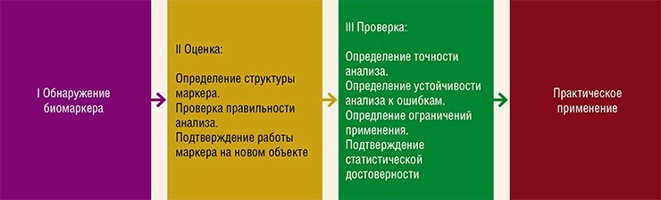 Поиск метаболита-маркера заболевания длителен и сложен. В ходе предварительного исследования определяют изменения в составе метаболитов при различных состояниях организма: в норме и при патологии, до и после внешнего воздействия окружающей среды или приема лекарств, и проводят сравнительный анализ. В более сложных случаях проводят дополнительные исследования: изучают выборку образцов из разных тканей, определяют состав метаболитов в зависимости от стадии болезни или концентрации применяемых лекарств. В результате выявляют метаболиты-указатели, уровень которых либо понижается, либо повышается при патологических изменениях в организме. После установления метаболитов-указателей проводится анализ их соответствия основной патологии, а не побочным проявлениям. Только после этого выявленные метаболиты можно считать кандидатами в биомаркеры. Следующий этап – подтверждение правильности и точности работы метаболитов в качестве биомаркеров, определение возможных ограничений для их использования. Подтвердив статистическую достоверность анализа при использовании таких метаболитов, их можно считать доказанными биомаркерами и использовать для решения прикладных задач профилактики и ранней диагностики заболевания