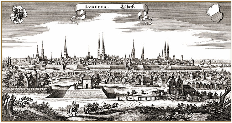 Ганзейский г. Любек в 1641 г. Гравюра художника-гравера М. Мериана старшего. Public Domain Ганзейский г. Любек в 1641 г. Гравюра художника-гравера М. Мериана старшего. Public Domain