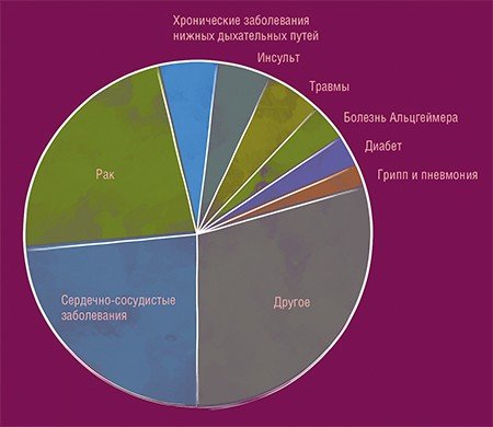 Причины смертности в США в 2010—2015 гг. Возраст-ассоциированные заболевания – сердечно-сосудистые, онкологические, инсульт, болезнь Альцгеймера, диабет, вносят в нее огромный вклад. По: (de Magalhães, Stevens, Thornton, 2017)