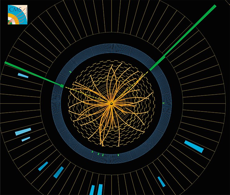 Trajectories of particles generated in a collision of two protons with the total energy of 8 TeV, which were recorded by the CMS detector. The characteristics of this event allow us to assume that this is the decomposition of the Higgs boson into two photons (broken yellow lines transforming to green columns). © 2012 CERN