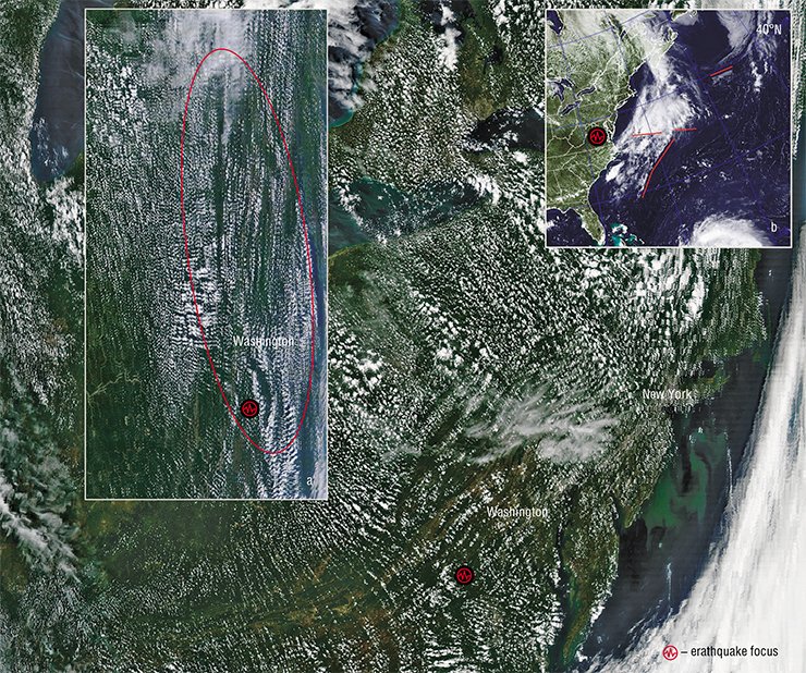 A day before the earthquake, on August 23, there appeared a “mesh” of cloud stripes over the state of Virginia, USA. Against its background, two wider canyons showed up, joining at an angle (a). Two hours later, the canyons vanished while the mesh-like structure persisted for some time. The photos taken from satellites Terra and Aqua (NASA/GSFC, Rapid Response), August 22, 2011. Simultaneously, LCA appeared over the faults of the Atlantic Ocean bottom (b). (Naval Research Laboratory, Marine Meteorology Division, Monterey, CA)