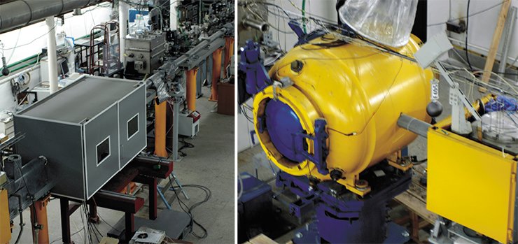Left: radiation box of the X-Ray Phase Contrast Microscopy and Microtomography station operating with SR beams from the VEPP-4 storage ring; at present, it is used for experiments on microbeam therapy of carcinomas.  Specialists from the Institute of Cytology and Genetics SB RAS (Novosibirsk) are also participating in this work. At the current stage, the experiments are carried out with laboratory animals. Right: New station for studying detonation processes, planned for explosives weighing up to 200 g, in the VEPP-4 SR hall