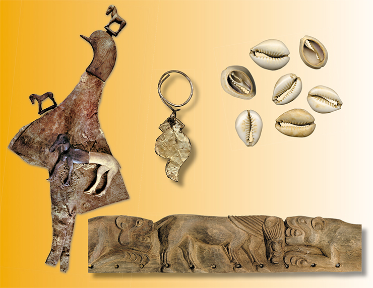 A felt helmet, earring made of a wooden plaque covered with golden foil, cowry shells (top right) and a wooden quiver base (bottom). Tumulus 1, Ak-Alakha-1