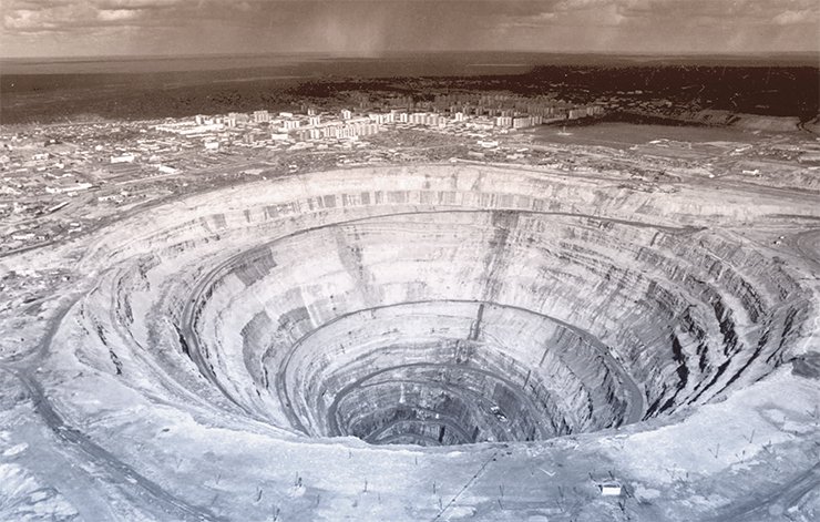 Quarry at the site of the largest Yakutian kimberlite pipe Mir. The town of Mirny, built especially for the development of the deposit, is located at the edge of the quarry. (Erlich, 2006) Quarry at the site of the largest Yakutian kimberlite pipe Mir. The town of Mirny, built especially for the development of the deposit, is located at the edge of the quarry. (Erlich, 2006)