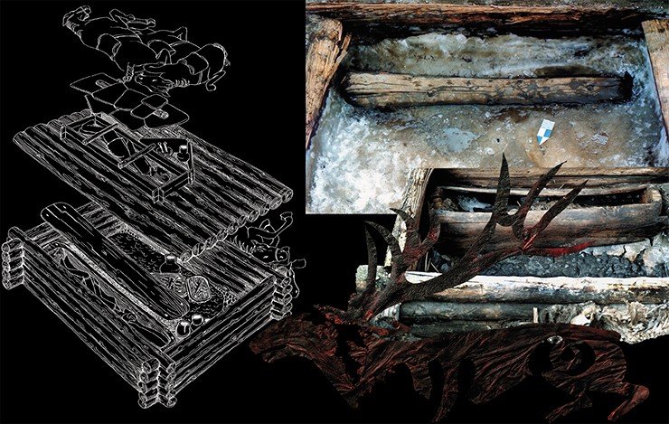 The burial chamber of the mound was filled with ice (above). After the ice melted, a larch block with a woman’s mummy was discovered at the southern wall (right). In the foreground, beyond the northern wall of the chamber, there were burials of horses. The walls of the block on which the dead woman was lying were decorated with leather appliqués (below). Photo by V. Mylnikov