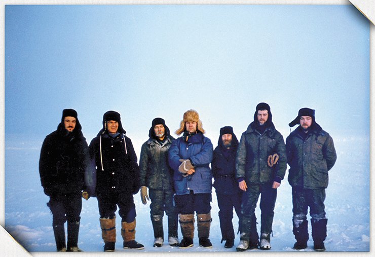 Many years later, another team of researchers from the Institute of Hydrodynamics went to a place near Severnaya Zemlya in the Arctic to solve another important problem associated with ice dynamics (left to right: A. R. Berngardt, V. M. Titov, V. T. Kuzavov, V. K. Kedrinsky, the rover driver Slava, V. Bondarenko, and N. N. Chernobaev). For these studies, A. R. Berngardt was awarded with one the first Lenin Komsomol Prizes for Young Scientists Many years later, another team of researchers from the Institute of Hydrodynamics went to a place near Severnaya Zemlya in the Arctic to solve another important problem associated with ice dynamics (left to right: A. R. Berngardt, V. M. Titov, V. T. Kuzavov, V. K. Kedrinsky, the rover driver Slava, V. Bondarenko, and N. N. Chernobaev). For these studies, A. R. Berngardt was awarded with one the first Lenin Komsomol Prizes for Young Scientists