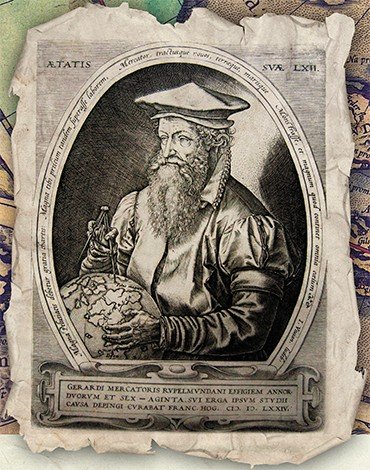 Портрет Г. Меркатора. 1574 г. Гравюра Франса Хогенберга (1535—1590). Из изд.: География Клавдия Птолемея. Кн. 8. Амстердам, 1605. Российская национальная библиотека