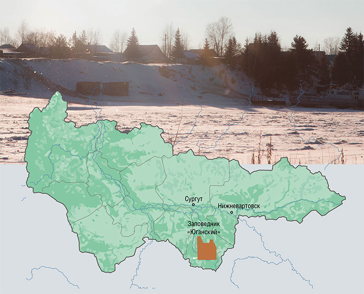 Село Угут (вверху). ХМАО. Фото Т. Бульонковой. Заповедная территория представляет собой единый компактный массив, простирающийся с севера на юг на 85 км и с востока на запад – на 76 км, окруженный охранной зоной шириной 2 км. Протяженность границ заповедника по периметру – около 540 км Село Угут (вверху). ХМАО. Фото Т. Бульонковой. Заповедная территория представляет собой единый компактный массив, простирающийся с севера на юг на 85 км и с востока на запад – на 76 км, окруженный охранной зоной шириной 2 км. Протяженность границ заповедника по периметру – около 540 км