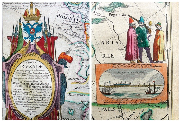 Титул карты России Гесселя Герритса 1613—1614 гг. (слева). Примечательно, что дата на карте проставлена римскими цифрами так: MDCXIII I. Очевидно, что для издания 1614 г. использовалась доска 1613 г. Вид г. Архангельска (справа), помещенный на карте России Гесселя Герритса 1613—1614 г.