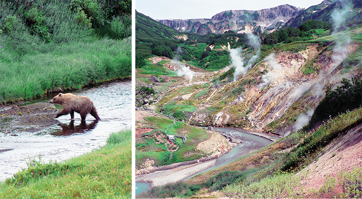 Master of the taiga (left). The Uzon caldera. The view of the Geyser River bed after the 2007 natural disaster Master of the taiga (left). The Uzon caldera. The view of the Geyser River bed after the 2007 natural disaster