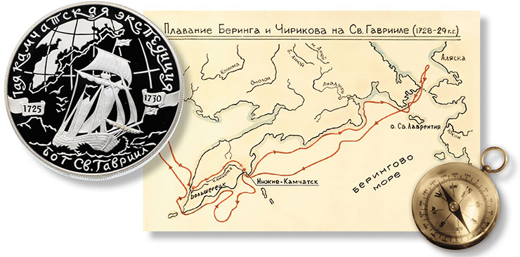 Маршрут плавания бота «Святой Гавриил» в 1728–1729 гг. Справа – серебряная монета номиналом 25 рублей с изображением легендарного корабля была выпущена в 2003 г. Санкт-Петербургским монетным двором. Public Domain