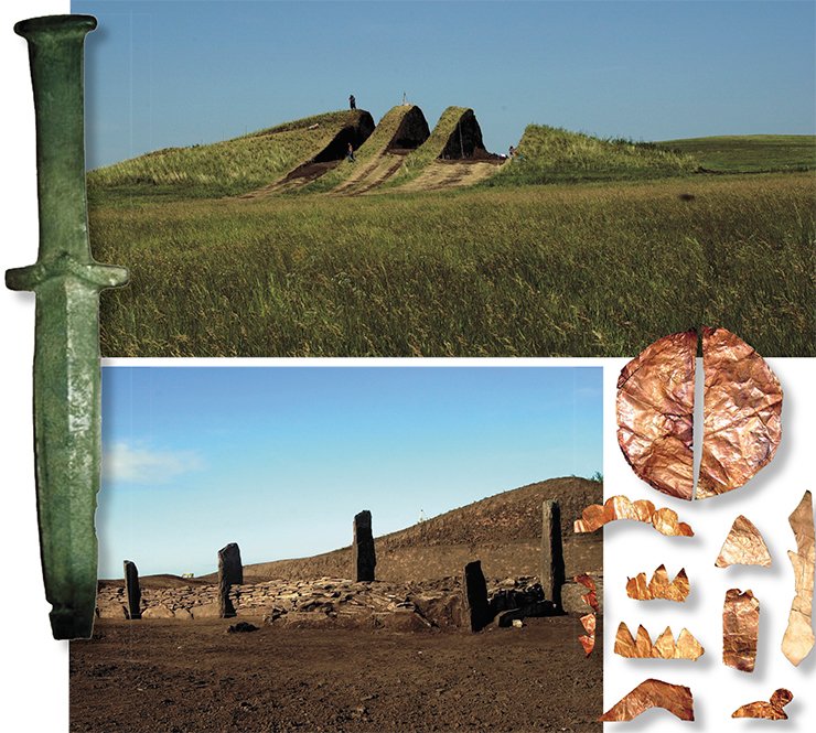 Top: beginning of excavations of the large tumulus Barsuchy Log. The laying of stratigraphic edges. Bottom: before the beginning of the excavations the kurgan was a pyramid about 9 m high with a nearly square base of size 55 × 52 m, framed by a massive stone wall. Prior to the beginning of the excavations, geophysical surveys were conducted on the tumulus site. Left: Bronze dagger. Right: Golden plates of wooden objects. Large tumulus Barsuchy Log (Khakassia)