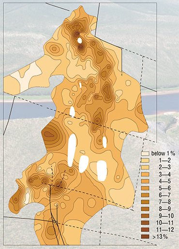 Niobium pentoxide content in ores of the Burannyi sector, Tomtor. Natural rock weathering and metamorphism in Tomtor worked as a concentration mill, producing ore concentrate from poor ores occurring in ordinary rare-metal deposits