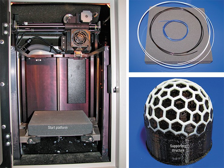 Working (blue and white) and support plastic thread placed over the start platform. PRODIGY Plus by Stratasys is a fused-deposition-modeling (FDM) additive manufacturing device, where a moving nozzle extrudes molten polymers fusing into consecutive layers of a component. A starting platform made of foamed polymer material moves vertically in the hot chamber. The working head deposits molten polymer and when the work in one layer is over, the platform is moved one step down so the machine can start the next layer. To keep the working material layers fixed in place, they need some support. In PRODIGY Plus, two materials are deposited by two joined printing heads to form a manufactured component and supporting “scaffolding.” The main material is a tough thermoplastic polymer, while the support one is a special water-soluble polymer. After the machine has done its job, the support material is dissolved in hot water of a special ultrasonic bath. The shape and structure of the component-to-be are determined by a special file with layer-by-layer instructions sent to the AM machine. To produce such a file the 3-D model coming from the CAD software is “sliced”, like one would slice an orange. Top right: Chinese balls, coming from the PRODIGY Plus machine surrounded by the support material. Below: a computer model showing the balls at different stages of completion Working (blue and white) and support plastic thread placed over the start platform. PRODIGY Plus by Stratasys is a fused-deposition-modeling (FDM) additive manufacturing device, where a moving nozzle extrudes molten polymers fusing into consecutive layers of a component. A starting platform made of foamed polymer material moves vertically in the hot chamber. The working head deposits molten polymer and when the work in one layer is over, the platform is moved one step down so the machine can start the next layer. To keep the working material layers fixed in place, they need some support. In PRODIGY Plus, two materials are deposited by two joined printing heads to form a manufactured component and supporting “scaffolding.” The main material is a tough thermoplastic polymer, while the support one is a special water-soluble polymer. After the machine has done its job, the support material is dissolved in hot water of a special ultrasonic bath. The shape and structure of the component-to-be are determined by a special file with layer-by-layer instructions sent to the AM machine. To produce such a file the 3-D model coming from the CAD software is “sliced”, like one would slice an orange. Top right: Chinese balls, coming from the PRODIGY Plus machine surrounded by the support material. Below: a computer model showing the balls at different stages of completion
