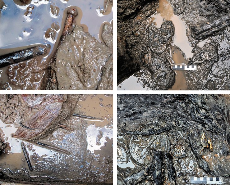All the finds at the bottom of the burial chamber (including the metal badges, decorations of the horse harness, umbrella spokes, braids, etc.) are covered in blue clay and wetted down with water accumulated from endless showers