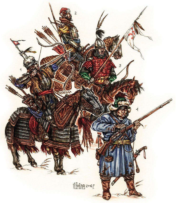 Воины Джунгарского ханства конца XVII — начала XVIII в. 1. Знатный джунгарский воин. На голове – традиционный высокий «кувшинообразный» шлем, корпус прикрывают кольчато-пластинчатый панцирь среднеазиатского производства и стеганый на вате монгольский панцирь. Оружие отличается консерватизмом: вместо фитильного ружья – традиционный лук. Конь защищен доспехом тибетского типа — панцирной попоной и маской. 2. Кашгарский вельможа. В конце XVII в. мусульманские города Восточного Туркестана вошли в состав Джунгарского ханства, а кашгарские дружины влились в состав ойратской армии. Вооружение всадника типично для тяжеловооруженных латников мусульманских государств региона. Конский доспех состоит из стеганой на вате попоны и железной маски. 3. «Князец» енисейских кыргызов. В конце XVII в. главным противником енисейских кыргызов (вассалов Джунгарского ханства) были русские служилые люди. Отряды кыргызских князцов были немногочисленны, но хорошо вооружены и имели богатый боевой опыт. Кыргызский панцирник одет в трофейную кольчугу русского производства и пластинчато-нашивной панцирь. Грудь коня прикрывает кольчатый нагрудник на матерчатой подкладке. 4. Джунгарский хошучи, командир небольшого стрелкового подразделения, вооруженный русской пищалью. Стрелки передвигались на конях, а перед боем спешивались