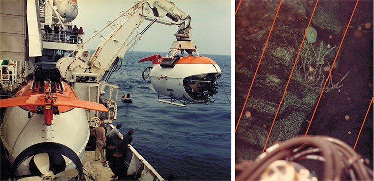 Момент спуска аппарата «Мир» на воду. Сзади на воде видна резиновая моторная лодка. На ней Николая Леонтьевича подвезли к аппарату, он спустился внутрь, люк задраили, и началось погружение на дно океана. Справа: фото, сделанное фотоаппаратом, закрепленным над иллюминатором АПА «Мир»