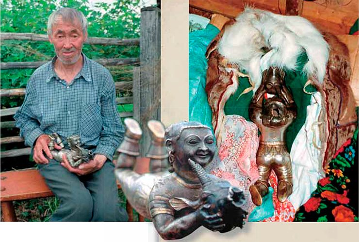 The owner of a home shrine with a figure of the guardian spirit. In the middle: A figured rhyton (the 8th or early 9th century, Central Asia) shaped as a girl carrying the head of an antelope in her hands—a guardian spirit of Khanty families. A girl-shaped rhyton amid robes and a coat made of reindeer fur (right) The owner of a home shrine with a figure of the guardian spirit. In the middle: A figured rhyton (the 8th or early 9th century, Central Asia) shaped as a girl carrying the head of an antelope in her hands—a guardian spirit of Khanty families. A girl-shaped rhyton amid robes and a coat made of reindeer fur (right)