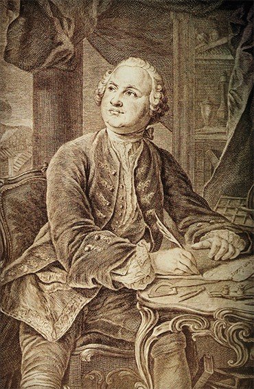 Портрет М. В. Ломоносова, опубликованный в его «Собрании разных сочинений в стихах и в прозе» (1757). Гравюра Х. А. Вортмана, Э. Фессара. По оригиналу Г. Г. И. фон Преннера. Российская национальная библиотека (Санкт-Петербург)