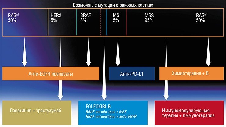 Варианты терапии достаточно хорошо изученного колоректального рака в зависимости от мутации в клетках опухоли По: (Koopman, 2016, с изменениями)