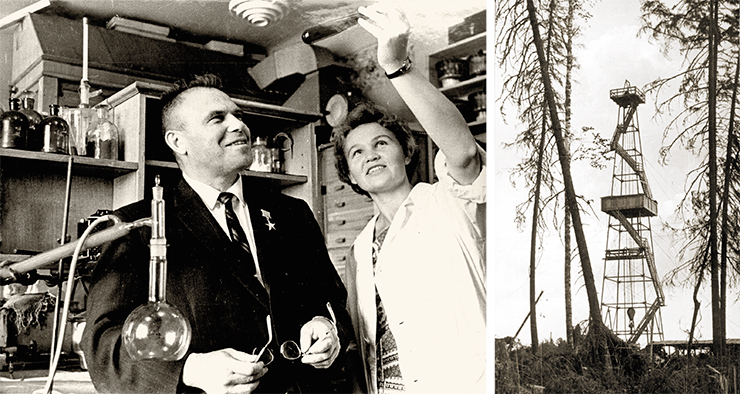 The first gush of industrial Siberian oil sprung on June 21, 1960. This happened in the upper reaches of the Konda River, near the village of Shaim (Khanty–Mansi Autonomous Okrug). The very next day, Academician Trofimuk (Director of the Institute of Geology and Geophysics, Siberian Branch, USSR Academy of Sciences) arrived at the drilling site. In an interview with a Pravda correspondent, he said that “the voice of the Konda oil gusher has prevailed over the skeptics’ chorus, and now we can start searching for oil and gas throughout the entire territory of the West Siberian Lowland” (Minenko, 2004). In the photo, Trofimuk hands over a sample of the first industrial oil from West Siberia to M.P. Mogileva, a staff member of the Geology Museum, Institute of Geology and Geophysics, Siberian Branch, USSR Academy of Sciences. 1960 The first gush of industrial Siberian oil sprung on June 21, 1960. This happened in the upper reaches of the Konda River, near the village of Shaim (Khanty–Mansi Autonomous Okrug). The very next day, Academician Trofimuk (Director of the Institute of Geology and Geophysics, Siberian Branch, USSR Academy of Sciences) arrived at the drilling site. In an interview with a Pravda correspondent, he said that “the voice of the Konda oil gusher has prevailed over the skeptics’ chorus, and now we can start searching for oil and gas throughout the entire territory of the West Siberian Lowland” (Minenko, 2004). In the photo, Trofimuk hands over a sample of the first industrial oil from West Siberia to M.P. Mogileva, a staff member of the Geology Museum, Institute of Geology and Geophysics, Siberian Branch, USSR Academy of Sciences. 1960