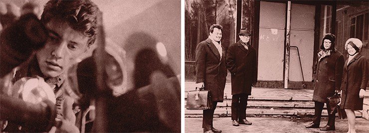 Слева: первокурсник Евгений Пальчиков на практике в лаборатории Института физики полупроводников. 1968 г. Фото А. Лехмуса. Справа: группа научных сотрудников и студентов университета, работавшая на областной олимпиаде для школьников в Тюмени. В таких поездках завязывались знакомства, длившиеся многие годы. Слева направо: В. Маралёв, В. Н. Врагов (будущий ректор НГУ), Л. Ю. Лапушонок, Т. А. Гордымова. 1970 г.