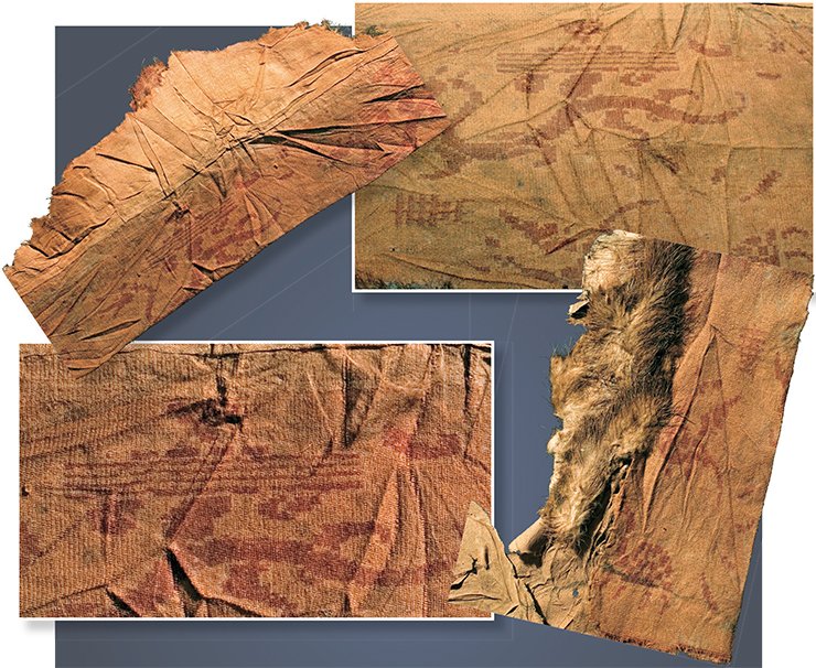 Fragments of the outer garment silk trimming depicting a dragon, Fu Xi, turtles, Phoenixes, and an ancient hieroglyph. Noin Ula burial mound 20