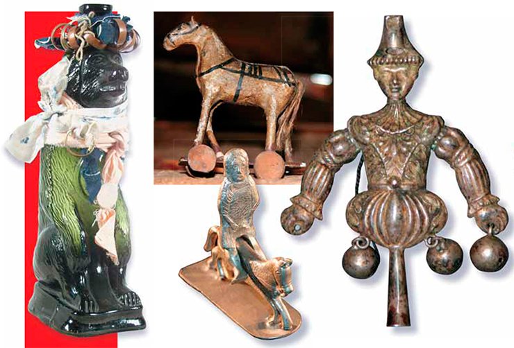 A figure of the supreme deity in the shape of a bear (left). A horse in a home shrine made in the attic. Silver figurine of an equestrian. Harlequin, an Ostyak Idol (right) A figure of the supreme deity in the shape of a bear (left). A horse in a home shrine made in the attic. Silver figurine of an equestrian. Harlequin, an Ostyak Idol (right)