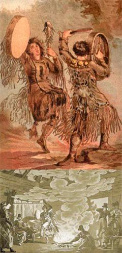 Шаман и шаманка. Рисунок второй половины XIX в. из книги: Народы России: Живописный альбом. — СПб., 1880. Шаманский обряд у телеутов. Рисунок из книги: Народы России: Живописный альбом. — СПб., 1880