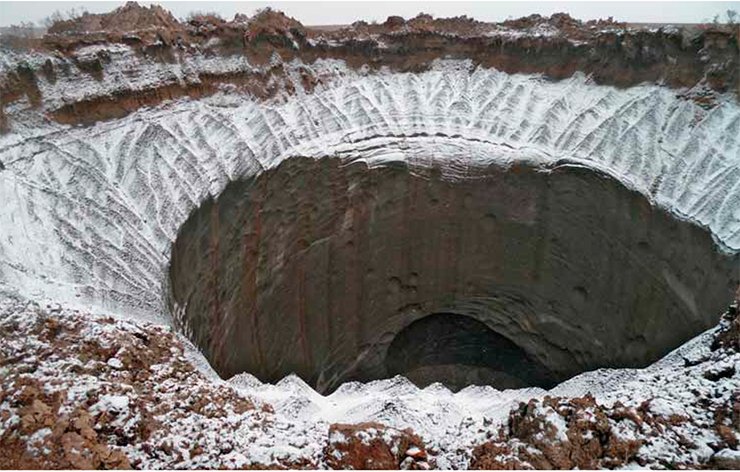 The Yamal crater is a gaping hole in the earth, surrounded by ice walls. Melt water dribbles down these walls. The WGS 84 coordinates of the crater are: northern edge, N69 58.280 E68 22.239; center, N69 58.268 E68 22.2 The Yamal crater is a gaping hole in the earth, surrounded by ice walls. Melt water dribbles down these walls. The WGS 84 coordinates of the crater are: northern edge, N69 58.280 E68 22.239; center, N69 58.268 E68 22.2